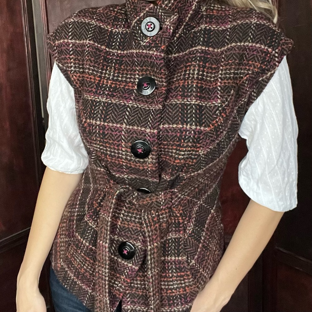 Tweed CAbi cami size S burgundy cream orange, lined.